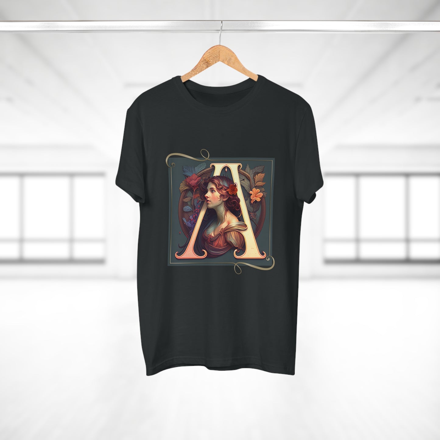 Single Jersey Men's T-shirt with Letter "A" in Alfons Mucha, Jugendstil-style