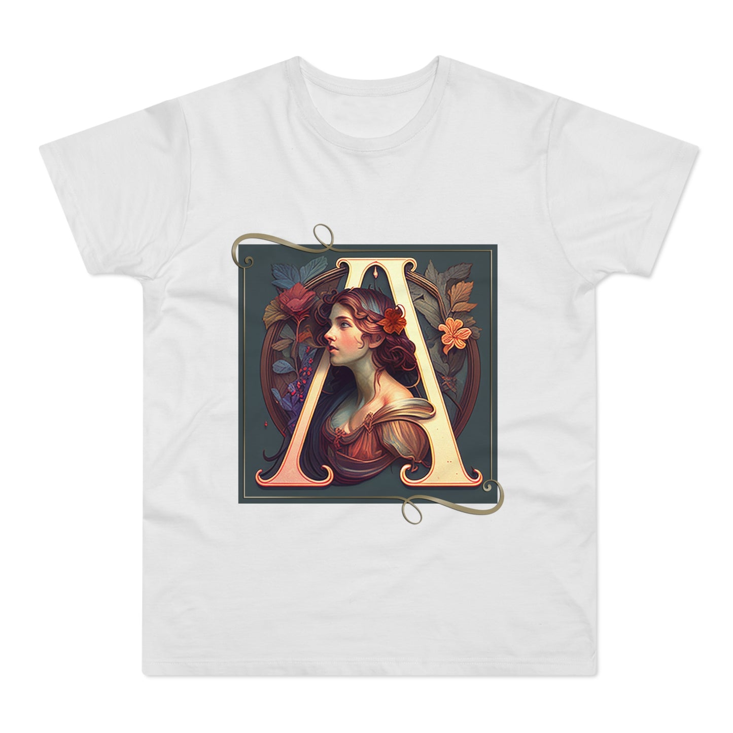 Single Jersey Men's T-shirt with Letter "A" in Alfons Mucha, Jugendstil-style